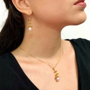 18K Gold Plated 925S White Freshwater Pearl Necklace And Dangle Earrings Set NEW